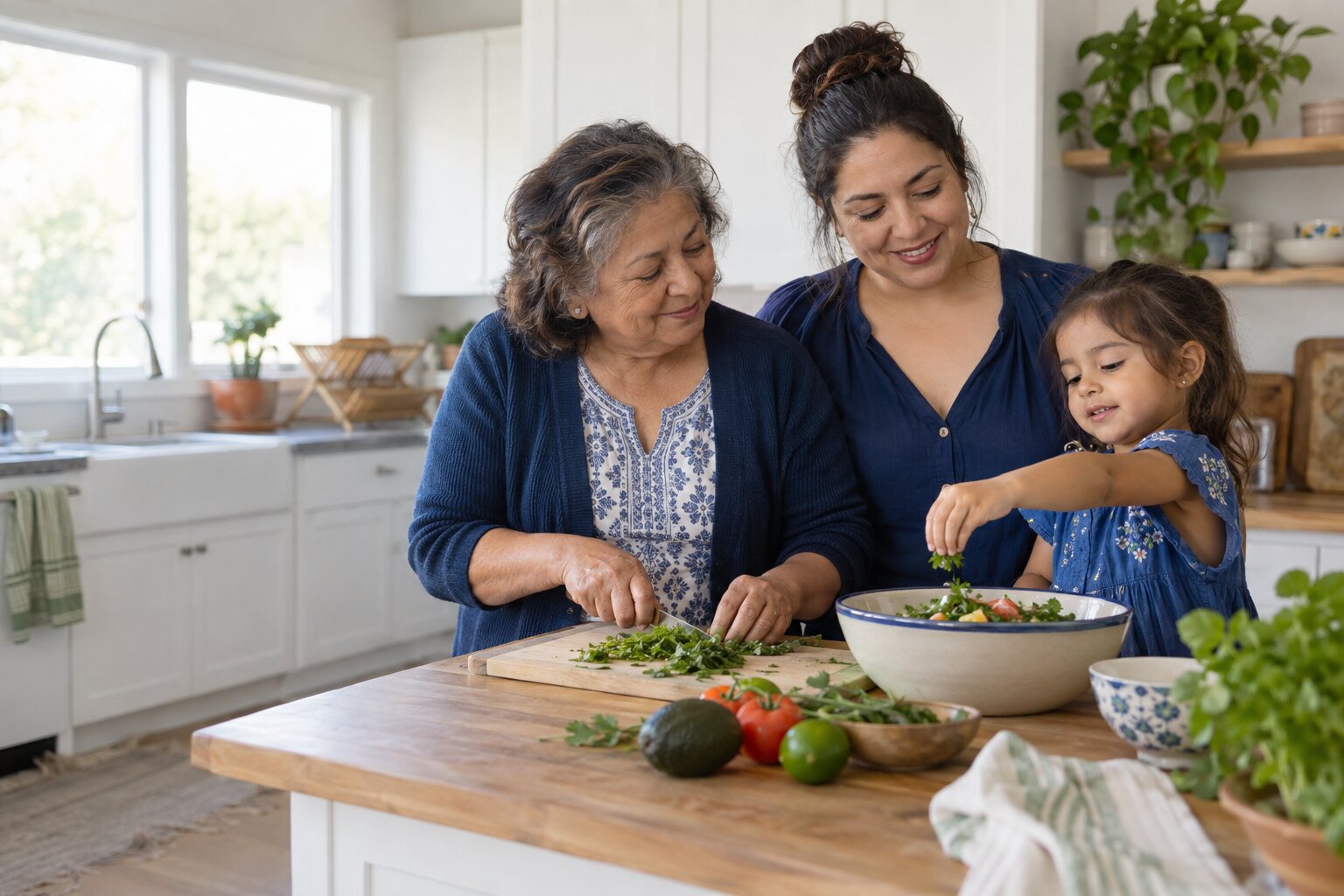Tres generaciones de una familia compartiendo un momento en casa